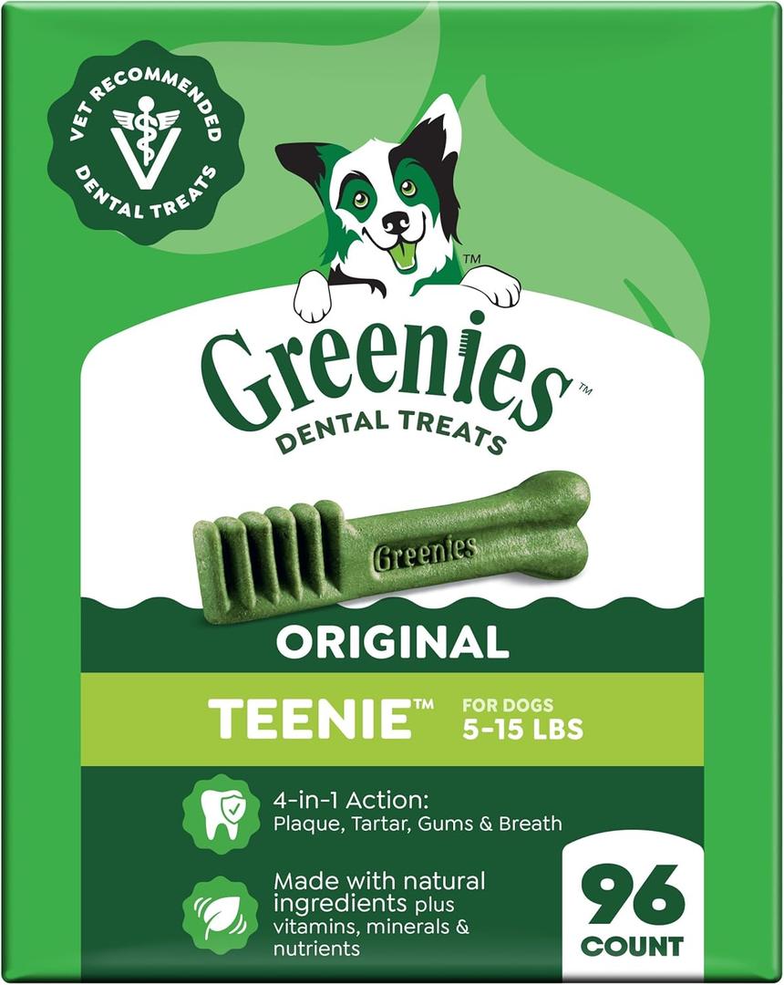 Greenies Veterinarian-Recommended Adult Natural Dental Dog Treats Teenie Size, Dog Dental Chews, Original Flavor, 27 oz. Pack, 96 Count 5-15lbs, BBD 08/02/2027