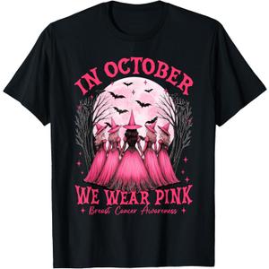 in October We Wear Pink Witch Breast Cancer Awareness Girl T-Shirt, Size: Small