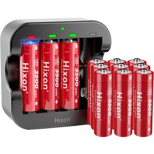 Hixon Rechargeable Lithium AA Batteries,12Pack 1.5V Li-ion Batteries with 2H Fast Charger,3500mWh High-Capacity Long-Lasting Constant Output for Xbox/VR,Blink,Smart Lock,etc.