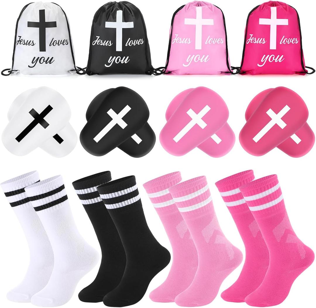 Soccer Shin Guards and Socks for Kids 3-6 Bible Verse Party Favors Mini Cross Shin Guard Jesus Loves You Drawstring Backpacks Christian Gift for Toddler Girls Boys (Black and Pink)