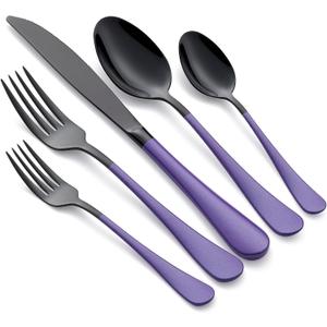 20-Piece Black Silverware Set 18/0 Stainless Steel Flatware Purple Handle Cutlery Set Service for 4 Dinner Knives Forks Spoons Set Mirror Finish Dishwasher Safe
