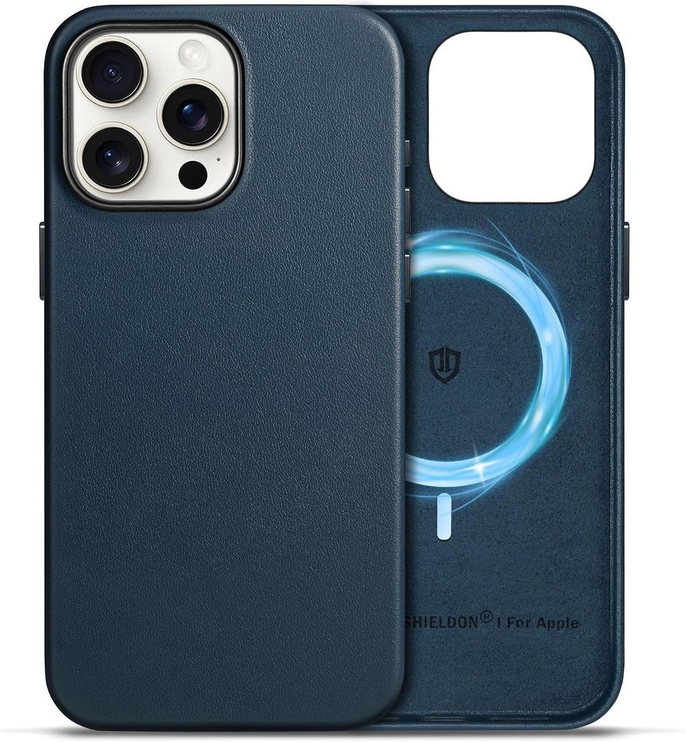 SHIELDON Genuine Leather Case for iPhone 15 Pro Max 6.7", Magnetic Wireless Charging Non-Slip Microfiber Lining Anti-Scratch Shockproof Protective Case Compatible with iPhone 15 Pro Max - Navy Blue