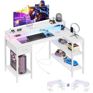 DUMOS 47 Inch Gaming Desk, Monitor Stand, LED Lights, Storage Shelves | USB Charging Ports, Power Outlets, Reversible L Shaped Corner, Small Spaces, White, 31.5‘’x 31.8'' x 47''