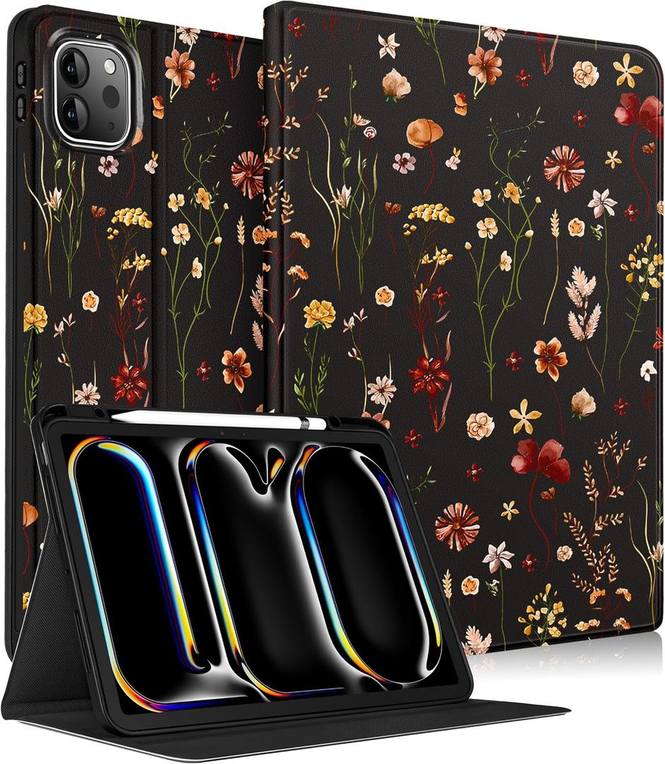 Wazzasoft for iPad Pro 13 Inch Case (Air M4 2026/M3 2025/M2 2024) - Smart Folio Case (Auto Wake/Sleep) with Build-in Pencil Holder for Apple Tablet Soft PU Leather Cover for Women Girls,Retro Floral