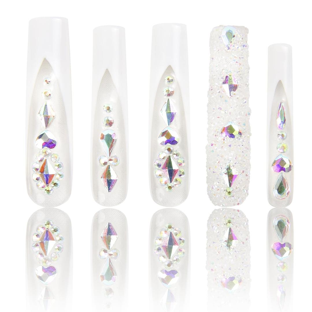 LOVFUL Press on Nails Candy Diamonds & White French Tip | Luxury Spring French Tip Glossy Press On Nails with Bling | Square Long 2.2 in | H36(M)