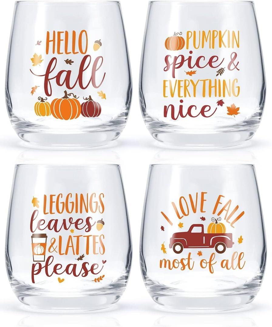 Nefelibata Fall Wine Glass Fall Cups Hello Fall Fall Leaves Pumpkin Spice Stemless Wine Glass Tumbler for Table Decor Wedding Birthday Thanksgiving Gift Ideas 12oz Set of 4