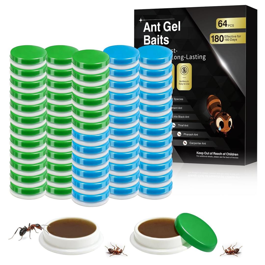 64 PCS Extra Strength Ant Gel Bait for Indoor & Outdoor Common Household Ants Control, Powerful Ant Killer Indoor for Home Kitchen Garden, Slow-Acting Carpenter Ant Bait Gel for Colony Elimination