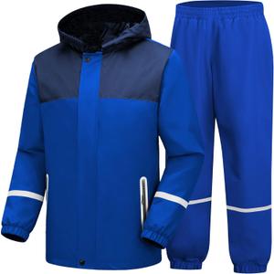 Kids Rain Suit Boys Girls Waterproof Lightweight Raincoat and Pant Rain Gear for Camping Hiking (XXL, Blue/Black)