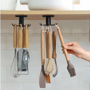 2pcs Under Cabinet Kitchen Utensil Hooks,360 Rotating Drilling Free Adhesive Utensils Hanging Rack for Tools/Towel/Knife (Black)
