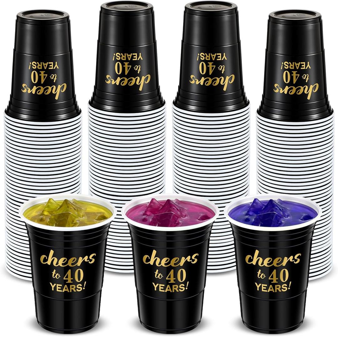 50 Pcs Cheers to 40 Years 16 oz Birthday Party Disposable Cups Black Gold Plastic Tumbler Cups for 40th Birthday Squad Tumblers for Wedding Anniversary Supplies Decorations