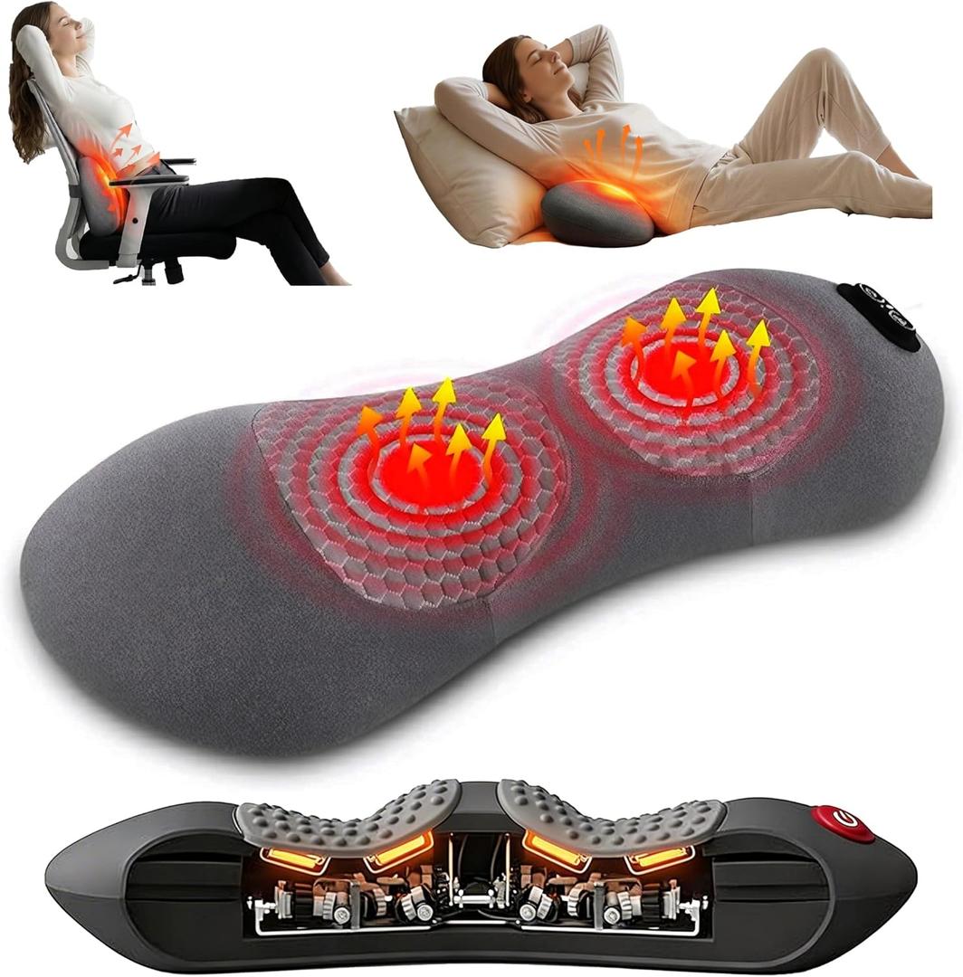 3-in-1 Electric Back Massager Pillow with Heat, Vibration & Traction, Ergonomic Lumbar Support Cushion with Memory Foam, Sciatica Pain Relief Pillow, Triple Fusion Massager