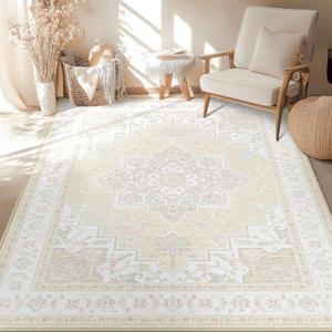 5x7 Area Rugs for Living Room, Washable Ultra Soft Boho Vintage Print Pattern Rug Non Slip Low Pile Carpet for Dining Room Bedroom Entryway Indoor-Cream/Light Ivory/Beige