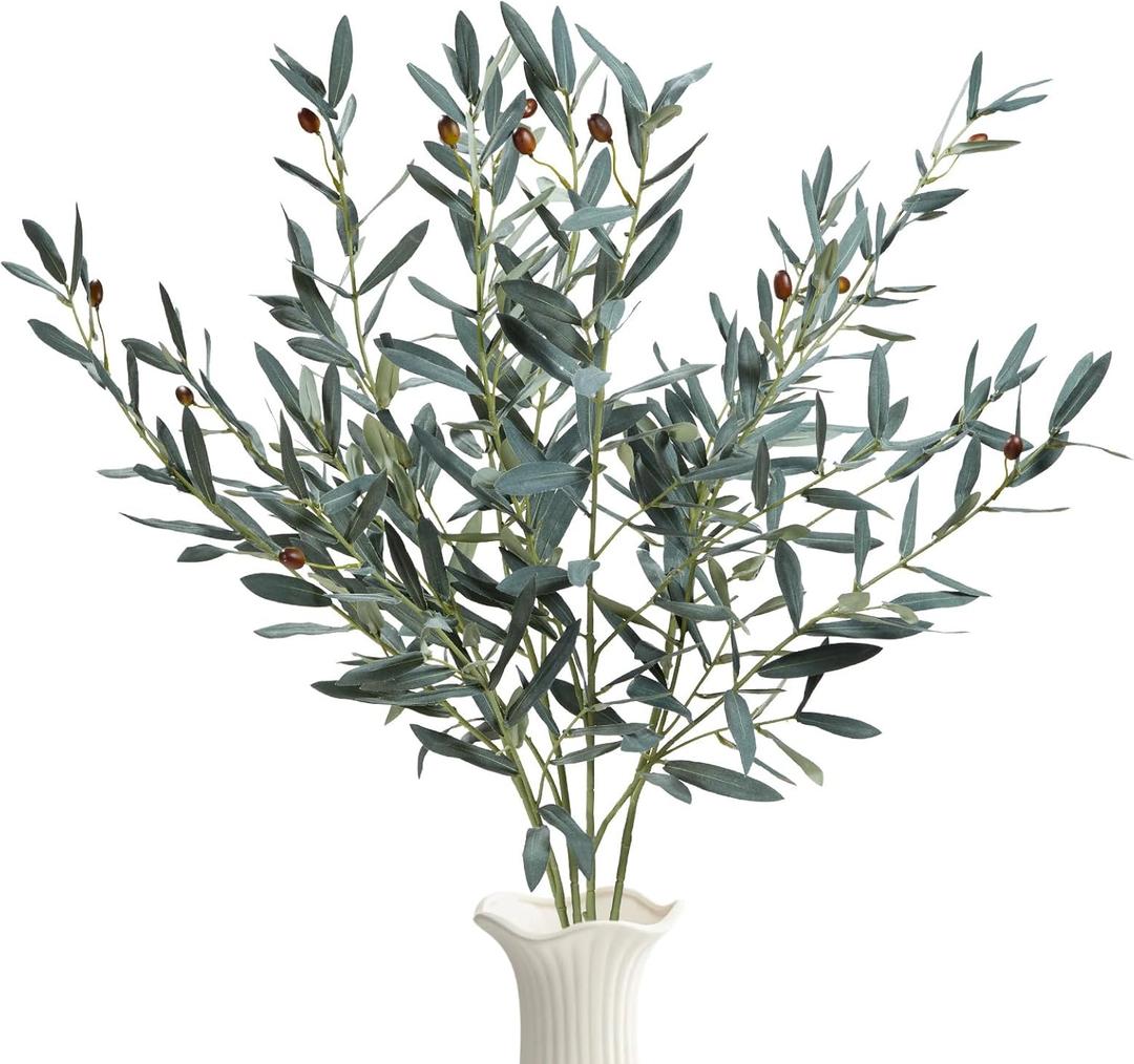 35inch Artificial Olive Branches for Vases,4pcs Bendable Faux Olive Branches with Fruits,Greenery Stems for Living Room Home Decor,Coffee Table Decor(Vase Not Included) (4pack)