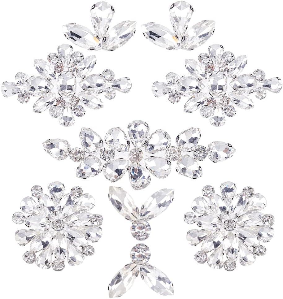 FINGERINSPIRE 9PCS 5 Style Iron on Glass Rhinestone Applique Flower Leaf Rhombus Pattern Clear Crystal Cabochons Applique Wedding Hotfix Rhinestone Patch for Bridal Dress Decor,0.6~2.6x0.9~3.6 inch