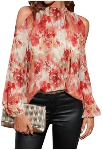 Verdusa Women's Dressy Casual Floral Print 70s Outfits Puff Sleeve Crew Neck Blouse Size S