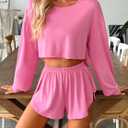 Remidoo Women's Split Short Pajama Set Long Sleeve T Shirt and Shorts Pajamas Crewneck Loungewear Pink Large