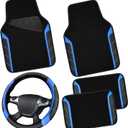 CAR PASS Leather Steering Wheel Cover and Waterproof Car Floor Mats,Microfiber Universal Car Combo Fit for 95% Sedan,SUV,Cars,14.5-15inch Sporty Anti-Slip Safety Comfortable Design(BlackBlue)