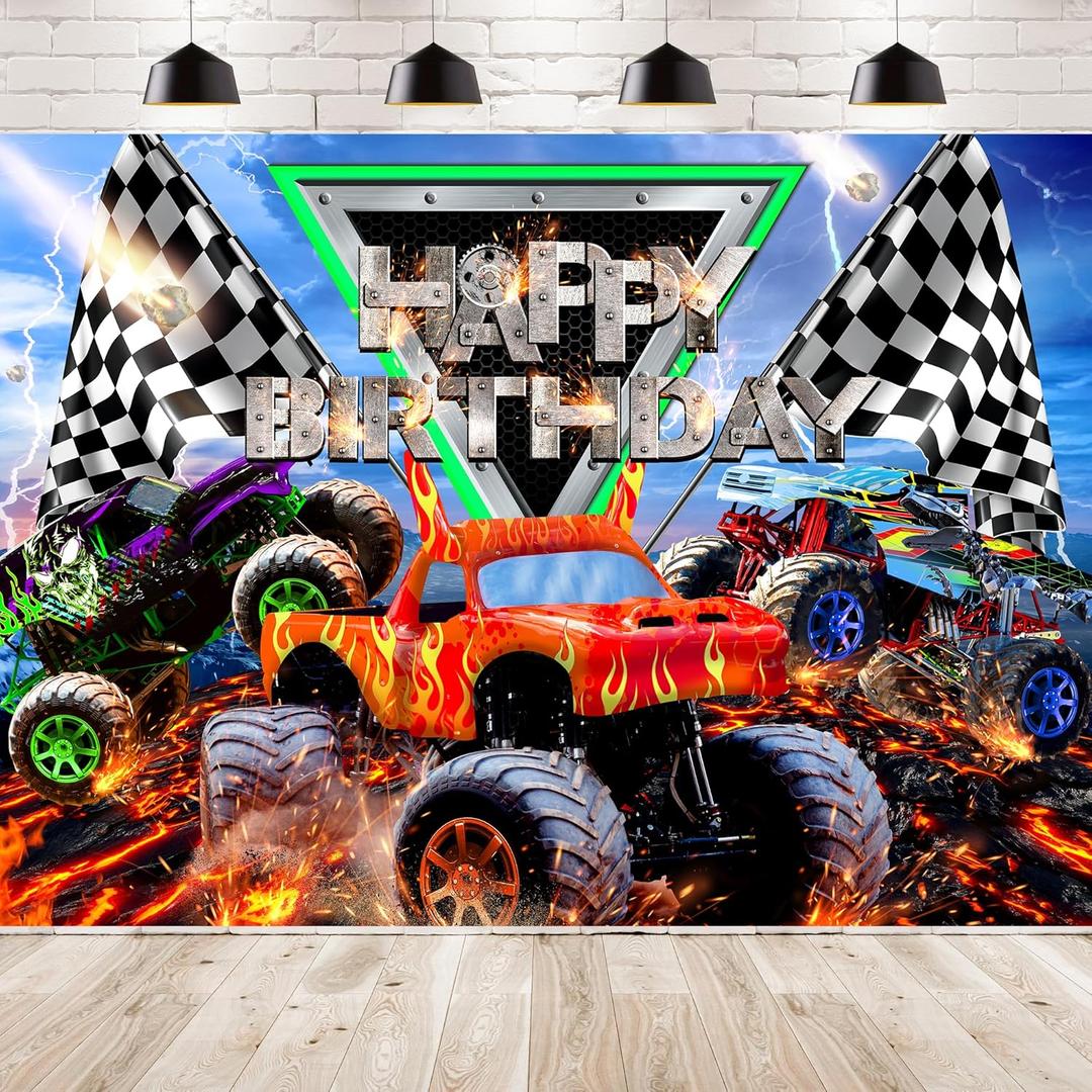Truck Themed Birthday Party Supplies Backdrop 7Wx5H Monster Boys Kids Happy Birthday Background Photography Jam Burning Flame Car Grave Digger Party Decorations Banner Photo Booth Props