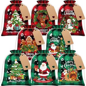 FLOE 24Pcs Burlap Christmas Drawstring Bags, 6x8in Buffalo Plaid Xmas Gift Bags w/Tag Xmas Candy Bag Small Christmas Linen Treat Goody Gift Sacks Reusable Gifts Wrapping Bag Holiday Party Favors Sack (1 Count (Pack of 24), Red Black & Green Black)