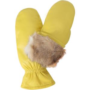 Women Leather Mittens Finger Rabbit fur Lining Winter Sheepskin Soft and Warm (Small, Yellow)