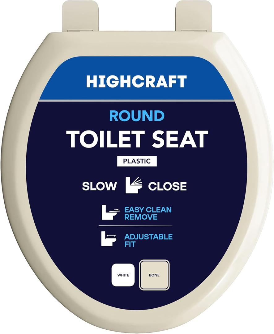 HIGHCRAFT Premium Round Toilet Seat with Slow-Close Design, Adjustable Hinges & Quick Removal Mechanism - Molded Plastic Toilet Seat - Fits Standard Round Toilets - Toilet Seat in Bone/Beige