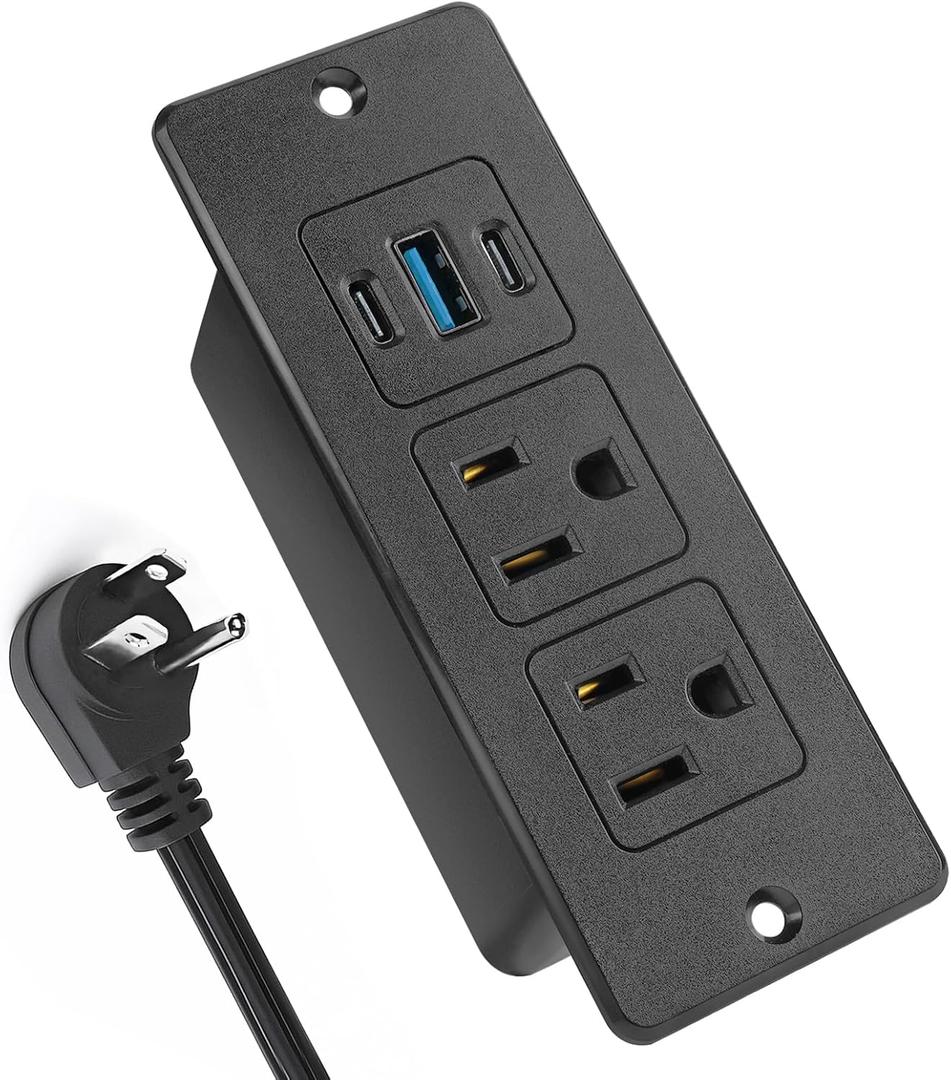 Recessed Power Strip USB, 20W Fast Charging Furniture Outlet - 2 AC & 3 USB (2 USB-C + 1 USB-A) for Desk, Bedside, Drawer, Conference Table - Space-Saving, Easy Install, 10FT Cord, Black