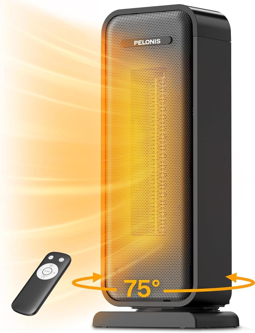 PELONIS Space Heater Indoor With 75 Oscillation & Remote, 16 Inch Portable With Thermostat & 12H Timer, Electric Room With Eco, Ceramic Desk for Bedroom Home Office, 1500W (16in Elite Black)