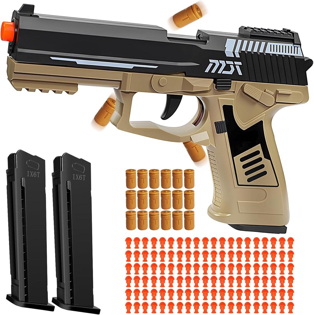 Automatic Shell Ejecting Toy Gun, Fidget & Shooting Game, Realistic Toy Pistol with 120 Soft Bullets, 18 Shells & 2 Magazines, Ideal Gift for Halloween Christmas(Sand)