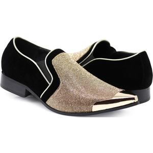 Enzo Romeo Crisiano Men Rhinestone Chrome Toe Suede Pointy Dress Loafer Slip On Shoes (8.5, Gold)