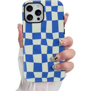 SOKAD Magnetic Checkered Phone Case for iPhone 15 Pro Max, Cute Grids Plaid Checkerboard Pattern Compatible with Magsafe Matte Protective Case Cover with Screen Protector for Girls Women, Blue