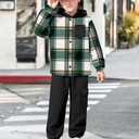 ADIRUN Toddler Boys Clothes 3t 4t Toddler Boy Outfit Plaid Button Down Long Sleeve Hooded Shirt Tops Pants Little Boys Clothes with Pockets Sweatsuit 2Pcs Fall Winter Outfits Green White, 3-4Y