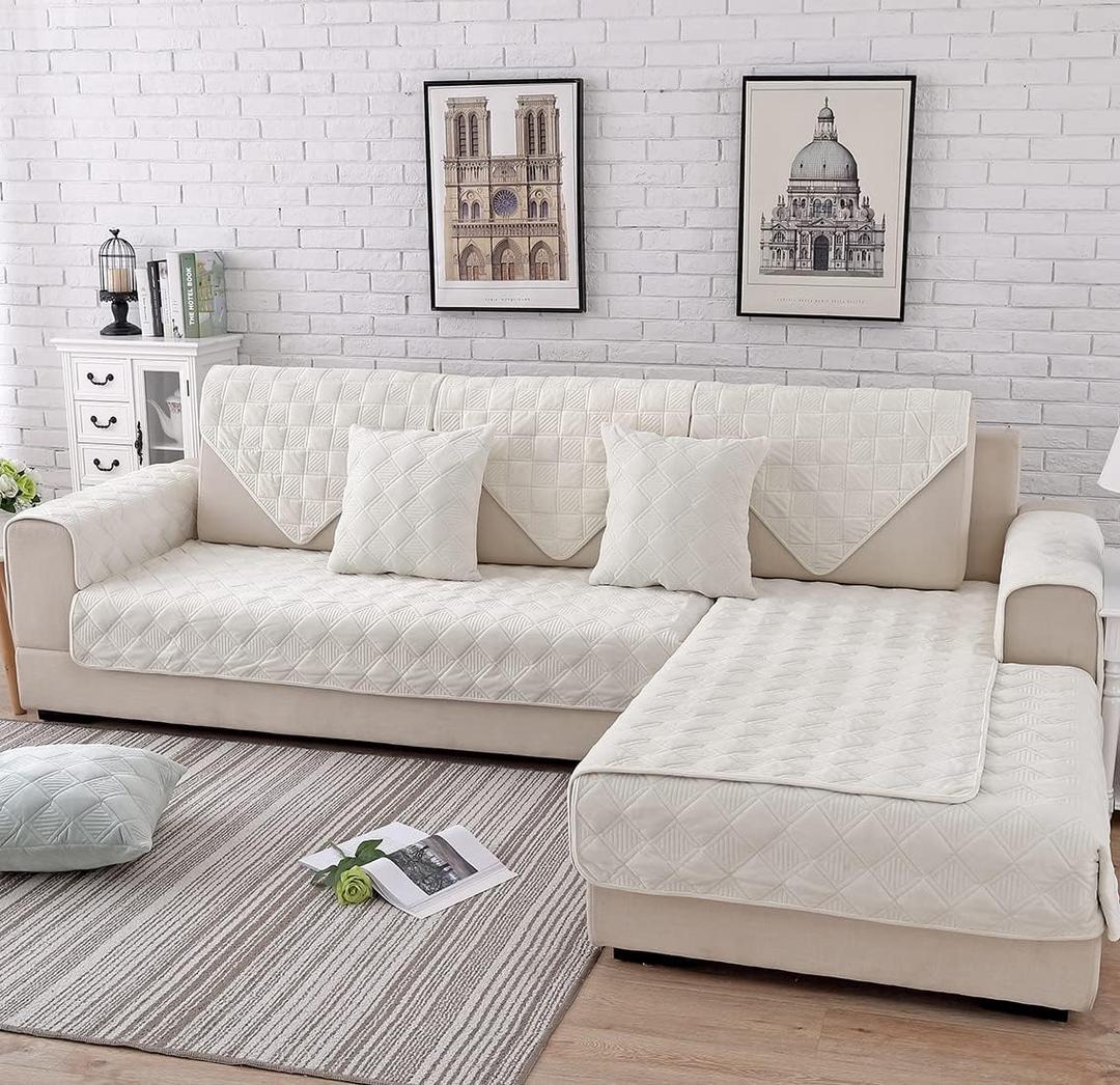 vctops Diamond Plush Sofa Couch Cover Soft Velvet Sectional Couch Covers Non-Slip Sofa Slipcover for Dogs Cats Pet Love Seat Recliner Leather L Shaped, Armrest Backrest Cover (Cream,28"x28")