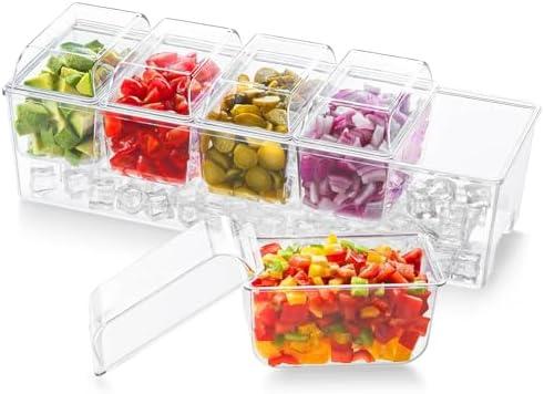 Lifewit Ice Chilled Condiment Caddy with 5x 20oz(2.5 cup) Containers, 15.3" Condiment Server with Separate Lids, Serving Tray Platter with Removable Dishes for Bar, Fruit, Salad, Taco, Party Garnish