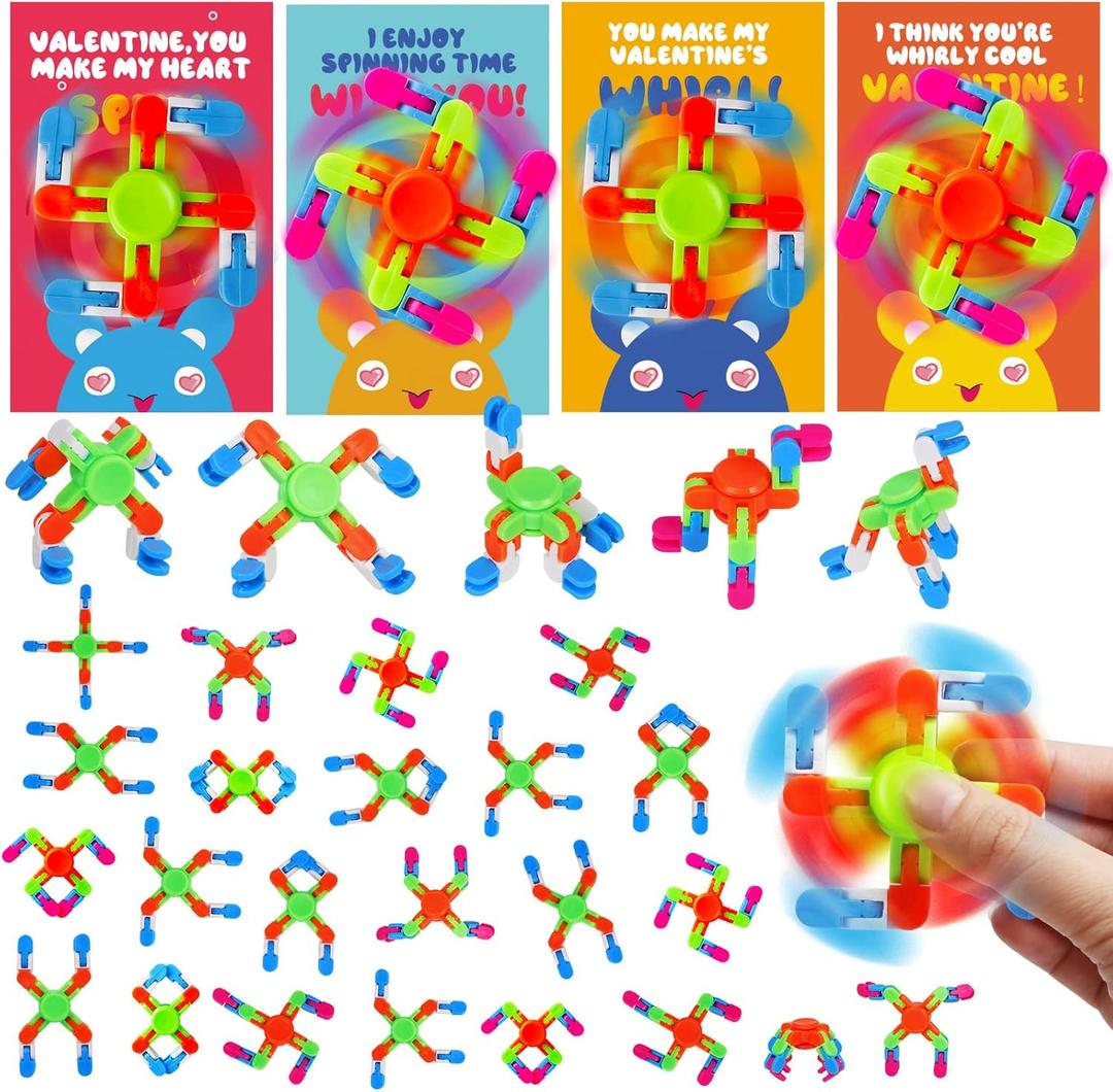 28 Pack Valentines Day Gifts for Kids - Wacky Tracks Fidget Spinner with Valentine's Day Greeting Cards for Kids, DIY Deformable Spinner Classroom Valentine's Party Favor, Exchange Prizes Gift