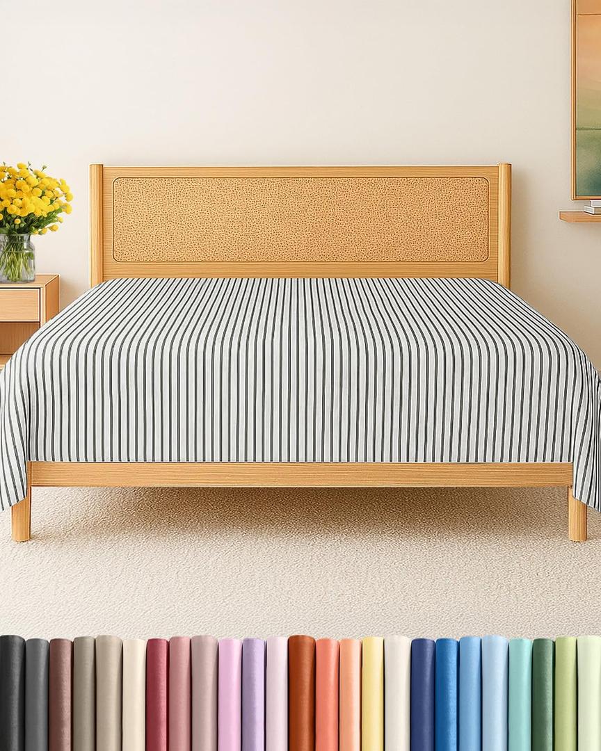 King Size Flat Sheet - Hotel Quality Top Flat Bed Sheet Only - Ultra-Soft, Comfy, Breathable & Cooling - Fade & Wrinkle Free - Easy-Care, Stain and Shrink Resistant Bedding - Oeko-Tex - Grey Stripes
