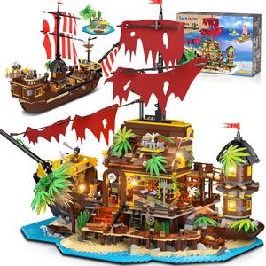 INSOON Pirate Shipwreck House Mini Building Set with LED Light, 1854 PCS, 2 in 1 Pirate Ship Building Block, Shipwreck Model Home Decor, Kids Boys Age 10-12+