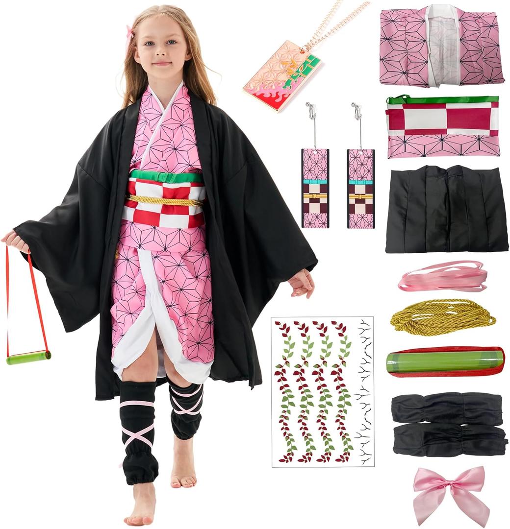 Kids Kimono Costume Cosplay Outfits Set Cloak Halloween Uniform Jackets Cape Costume for kids Adult (Tag 120, Pink Accessory Set)