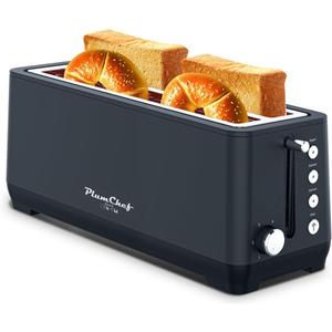 Plum chef 4-Slice Toaster, Extra Wide Long SIot Toaster, 6 Browning Settings, Bagel/Defrost/Reheat Functions, Removable Crumb Tray, Stainless Steel Housing 135oW (Black)