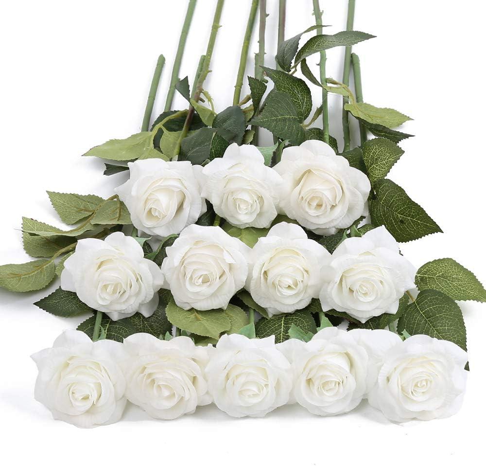 12Pcs White Roses Artificial Flowers Bulk Real Touch Roses Fake White Silk Roses Flowers Floral Arrangement Bouquet for Wedding Bouquet Home Wedding Party Garden Bridal Decorations DIY (White)