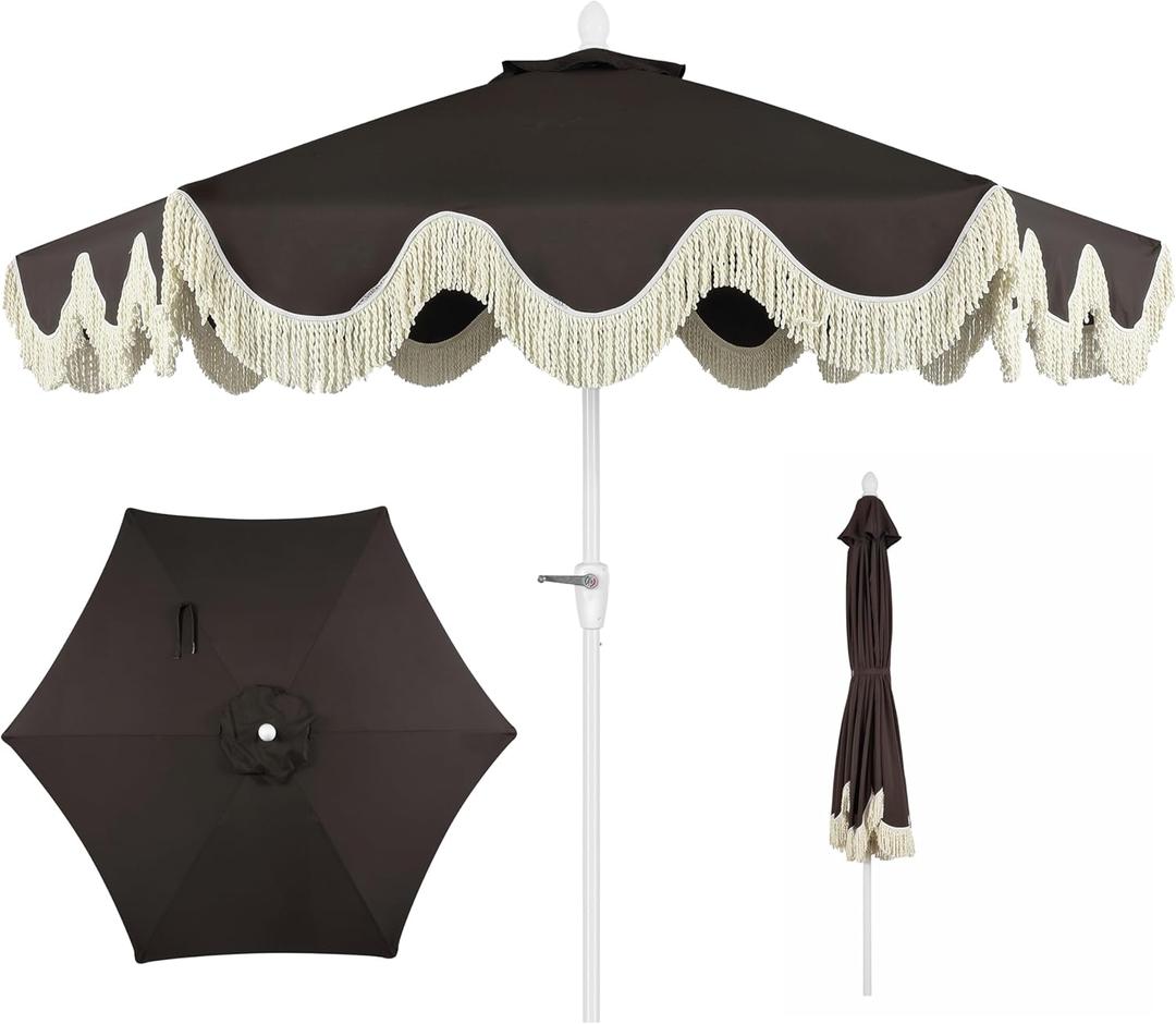 JONATHAN Y UMB1001 Collins 9 ft. Classic Cottage Tassel Market Patio Umbrella with Auto-Tilt, Crank, Wind Vent and UV Protection (Black/Cream)