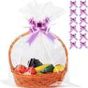 50 Packs Large Cellophane Bags 18" X 24" Clear Cellophane Gift Basket Wraps 2.3 Mil Thick Transparent Cello Bags for Basket, 50ct Ribbon Bows UltraOutlet Ribbons and Bows, not of Paper, for Gift Wrapping (Clear/purple+light pink)