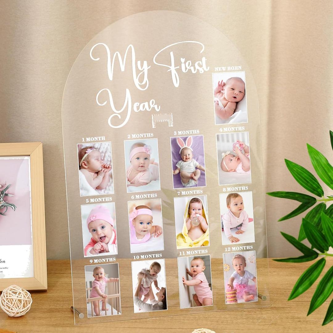 My First Year Photo Frame Acrylic 18 x 12 Inch Large 12 Monthly Milestone Photo Board Picture Frame Display Hanging/Standing Baby Memories Collage Gift for 1st Birthday Newborn Keepsake