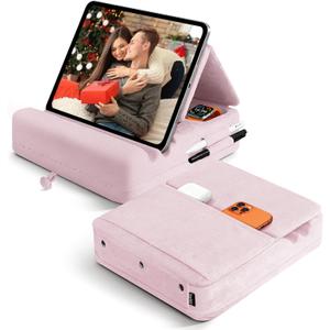 Tablet Pillow Stand with Storage, Foldable iPad Holder for Lep, Bed, Sofa, and Desk - Soft Pad Dock with Pocket and Stylus Mount Compatible with 4-13" iPad Pro/Air/Mini, Galaxy Tab, Kindle (Purple)