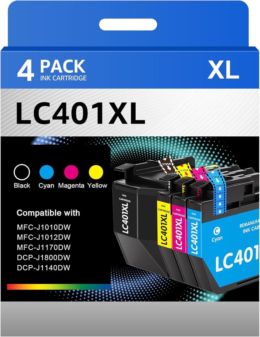 LC401XL LC401 Ink Cartridges Compatible for Brother Ink Cartridges LC401 XL to use with Brother MFC-J1010DW MFC-J1012DW MFC-J1170DW Printer Ink (Black Cyan Magenta Yellow, 4 Pack)