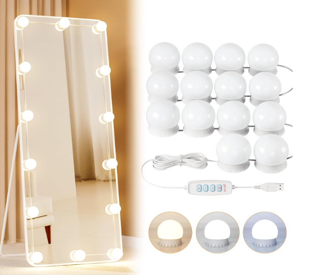 14 Bulbs LED Vanity Lights for Mirror, 3000K 4000K 6500K & 10-Brightness, Wire Length Adjustable, USB Cable, Hollywood Mirror Lights for Makeup Dressing Room Bathroom, White 