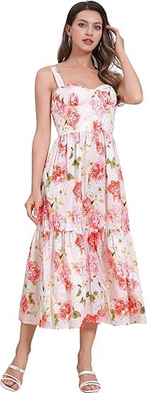 ABEHIK Women's Floral Corset Dress Spaghetti Strap Bustier Midi Dress Low Cut Flowy Pleated Hem Summer Dresses with Pockets, Medium