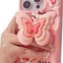 Kawaii 3D Butterfly Phone Case for iPhone 15 (with Retractable Phone Stand & Grip) Cute Girly Cartoon Soft Silicone Phone Cover for Girls, Boys, Kids, Teens, and Women, Pink