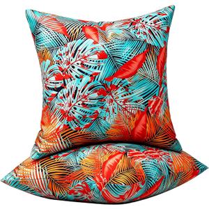 Outdoor Waterproof Pillow Covers Decorative Throw Pillow Covers Summer Blue Red Tropical Leaves Square Couch Covers Garden Farmhouse Cushion Cases 16x16 Set of 2 for Patio Tent Balcony Furniture Sofa