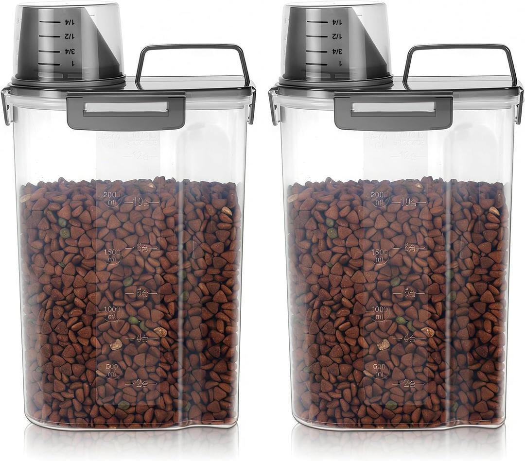 LEAWALK 3-5Lbs Airtight Small Cat Dog Pet Food Storage Containers BPA Free, with Large Pour Spout/1 Measuring Cup/ 4 Safety Locks and Double-layer Silicone Strip (Clear Black 2Pack)