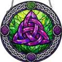 Stained Glass Window Hanging Suncatcher, 8" Round Celtic Knot Sun Catcher, Purple and Green Decorative Glass Art for Home Garden, Gift for Women Mom Gradma